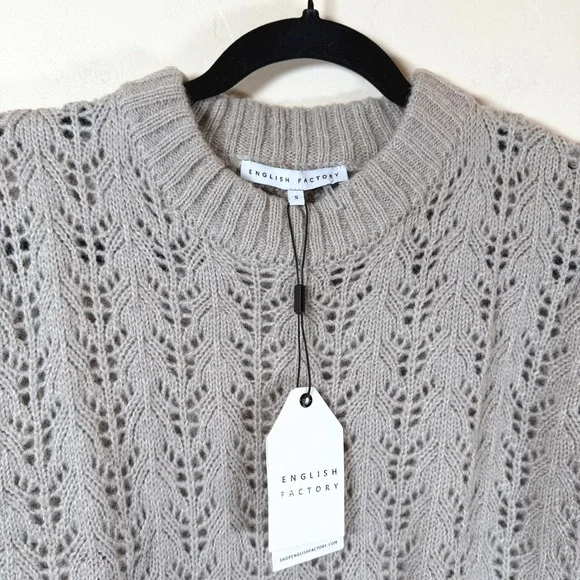 English Factory Fuzzy Open-Lace Knit Sweater Sz S Heather Grey Cozy Soft Neutral - Picture 4 of 10